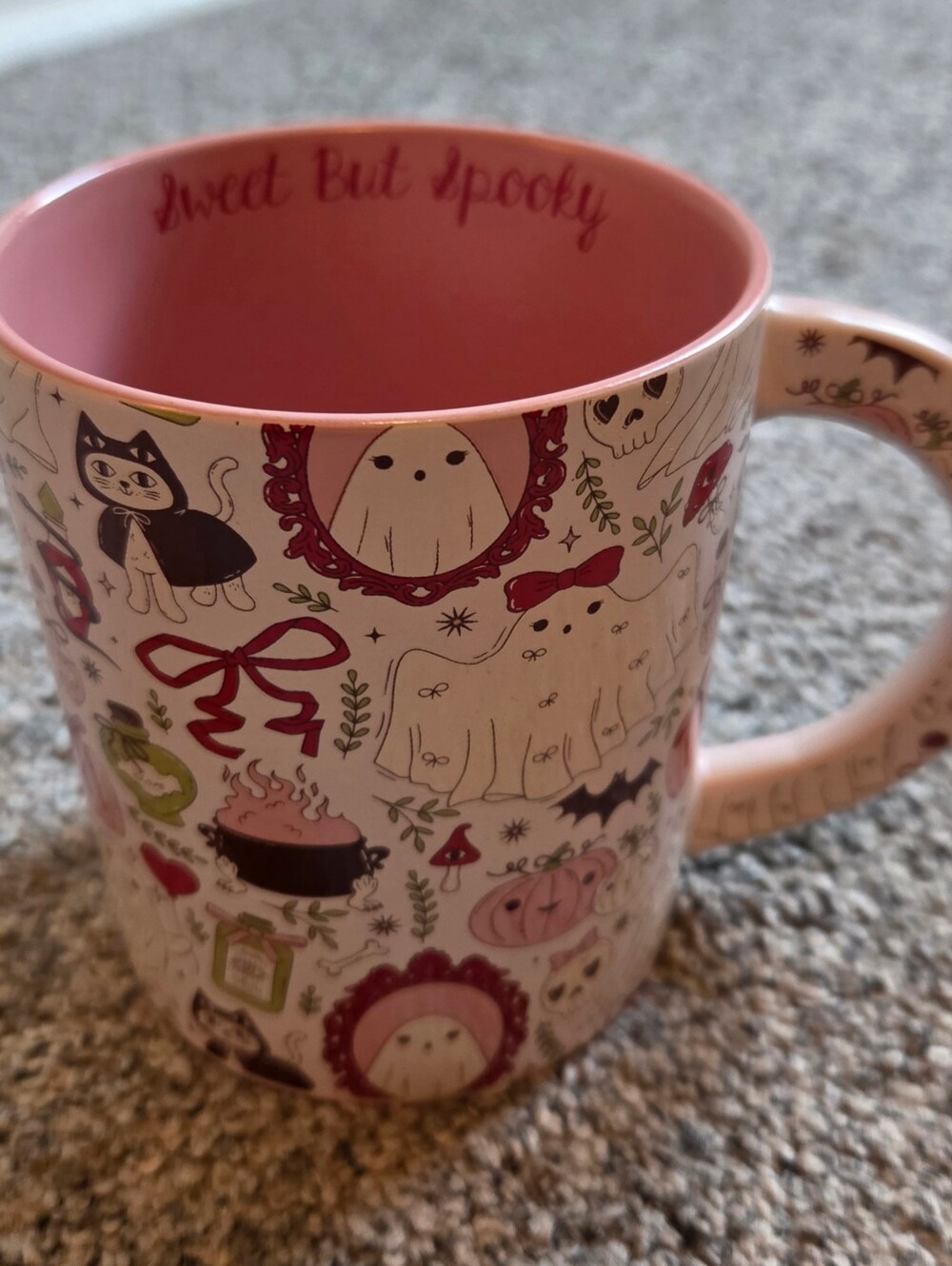 Sweet But Spooky Pink Ceramic Mug with Ghost & Cat Motifs